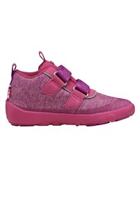 Pink athletic shoes with a textured upper and two Velcro straps. Features a sturdy sole and contrasting accents in darker pink.