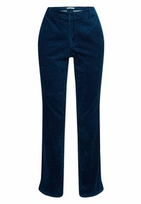 Pantalon droit en velours côtelé bleu foncé avec une taille haute et une fermeture devant, présenté sur un fond blanc.