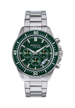 Grøn urskive chronograph ur med sølvfarvet rustfrit stål hus og armbånd. Udstyret med tre sub-dials, hvide time markeringer og en roterende bezel.