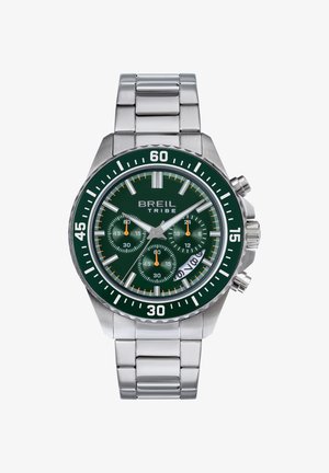 Grøn urskive chronograph ur med sølvfarvet rustfrit stål hus og armbånd. Udstyret med tre sub-dials, hvide time markeringer og en roterende bezel.