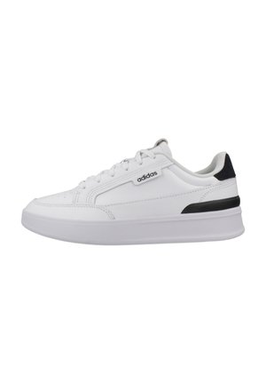 White leather sneakers with a smooth texture, black accents on the heel, and a low-profile white rubber sole. Featuring lace-up closure.