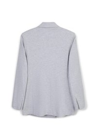 Blazer gris clair à manches longues, col à cran, et texture lisse. Présente une fente arrière unique et des détails de couture minimalistes.