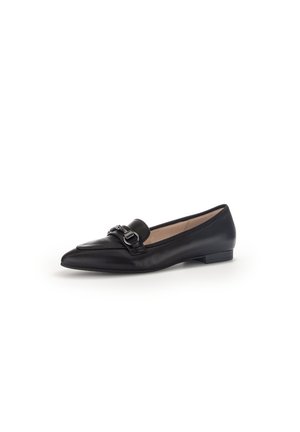 Black leather loafer with a pointed toe and flat heel, featuring a decorative buckle accent on the front and smooth texture.