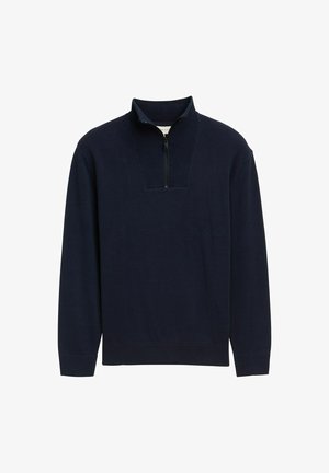 Mørkeblå pullover med kvart lynlås i halsen, ribbet krave og manchetter, lavet af et blødt strikket stof, med et tekstureret forpanel.