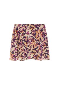 Gonna a fiori nei toni del viola e crema, caratterizzata da un design a campana e un tessuto leggero con una sottile texture.