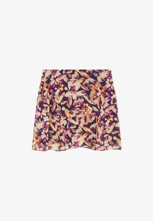 Gonna a fiori nei toni del viola e crema, caratterizzata da un design a campana e un tessuto leggero con una sottile texture.