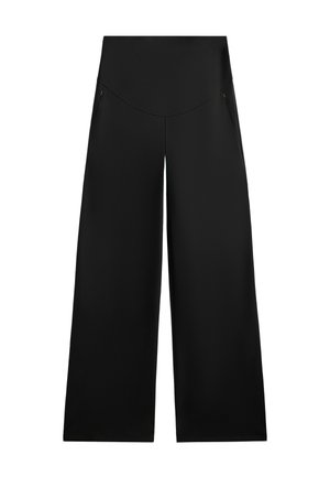 Zijde-brede broek gemaakt van soepel zwart stof. Heeft een hoge tailleband en twee zijzakken. Eenvoudig ontwerp zonder zichtbare patronen of hardware.