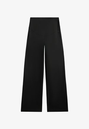Pantalons à jambe large en tissu noir lisse. Dotés d'une taille haute et de deux poches latérales. Design simple sans motifs ni éléments matériels visibles.