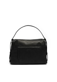 Zwartleren handtas met een platte, rechthoekige vorm, een bovenhandvat en een voorste ritsvak. Gladde textuur, minimale hardware.