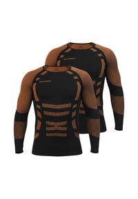 Long-sleeve athletic shirt in black and brown, featuring a textured pattern and inserted mesh areas for breathability and comfort.