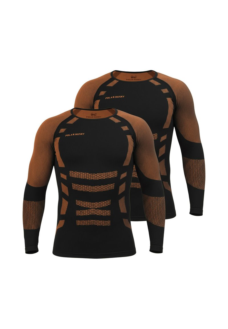 Long-sleeve athletic shirt in black and brown, featuring a textured pattern and inserted mesh areas for breathability and comfort.