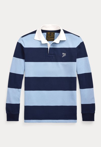 Marineblauwe en lichtblauwe gestreepte polo met lange mouwen en een witte kraag, voorzien van een geborduurd logo en ribgebreide manchetten. Gemaakt van katoen.