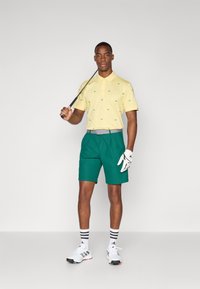 Polo tričko v světle žluté barvě s malými zelenými vzory, kombinované s tyrkysovými šortkami. Doplňky zahrnují šedý pásek, bílou rukavici a golfovou hůl.