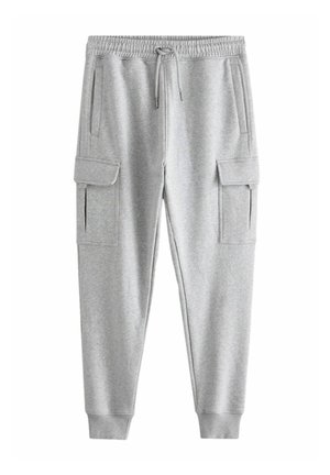 Pantalones de chándal grises con cintura elástica, cuerda de ajuste y dos bolsillos laterales; hechos de una suave mezcla de algodón.