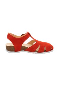 Red suede sandal with open toe and side cutouts. Features a cushioned cork sole and adjustable strap with a metal buckle.