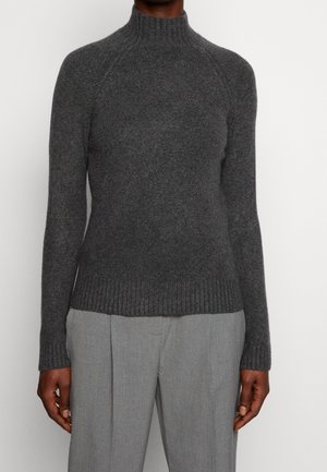 Maglione grigio in lana a collo alto con orlo e polsini a costine, caratterizzato da un design aderente e maniche raglan.