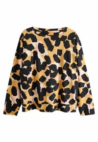 Maglietta a manica lunga in tessuto morbido con motivo leopardato in nero, rosa e beige su sfondo giallo senape.