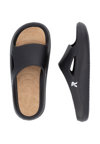 Sandales noires à glissière avec une semelle intérieure en tan douce et texturée et un design découpé. Présente une semelle avec des détails de grip légers et un accent de logo.