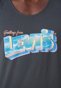 Chemise gris foncé avec le texte « Greetings from Levi's » en lettres 3D blocs bleues, jaunes et blanches avec un motif ciel et nuages.