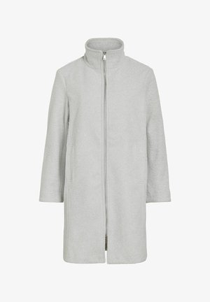 Manteau gris clair mi-long en matière polaire texturée. Doté d'une fermeture éclair à l'avant et de deux poches latérales. Conception à col montant.