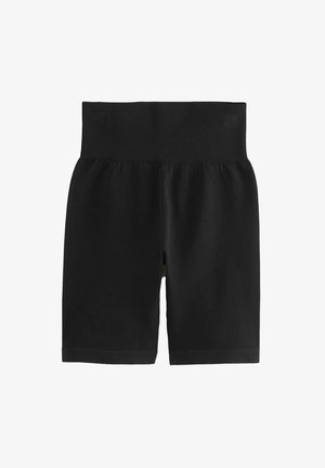 Shorts noirs côtelés avec une large ceinture élastique, une texture lisse et une coupe ajustée. Le matériau est extensible pour faciliter les mouvements.