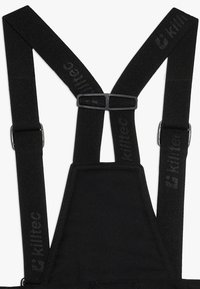 Suspenders in tessuto nero con cinturini regolabili e clip metalliche argentate. Marchio impresso sui cinturini. Texture liscia, design minimalista.