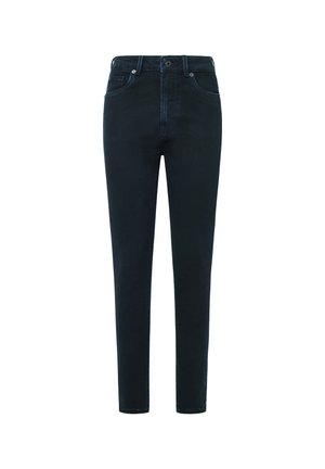 Schwarze Jeans aus Denim mit schmaler Passform, ausgestattet mit einem Reißverschluss, Knopfverschluss und fünf Taschen. Glatte Textur, minimales Verblassen und keine markanten Muster.