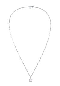 Sølv kædedyse med en blomsterformet, klar vedhæng. Kæden er delikat med et snoet mønster og måler cirka 45 cm i længde.