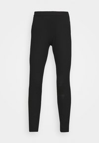 Svarta ribbade leggings i ett stretchigt material med en åtsittande design och elastisk midja, utan synliga m önster eller metalliska detaljer.