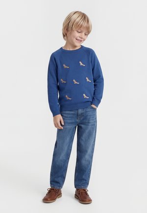 Jongen met blond haar, gekleed in een blauwe trui met vogelpatronen, blauwe spijkerbroek en bruine schoenen, staand met één hand in zijn zak.