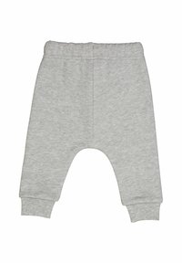 Grijze katoenen peuterbroek met een elastische tailleband, taps toelopende boorden en een ontspannen pasvorm. Zachte textuur en eenvoudig design zonder patronen.