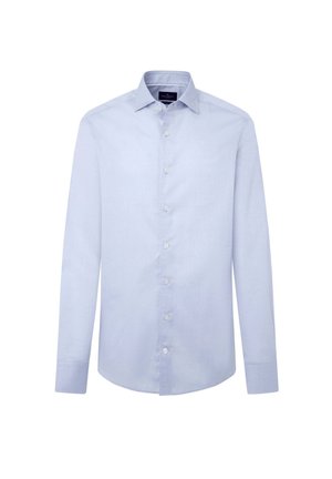 Lichtblauw overhemd met lange mouwen en knopen, gemaakt van gladde stof, met een spitse kraag, een voorflap en een afgeronde zoom. Voorzien van witte knopen.