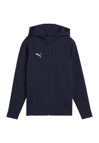 Marineblauer Zip-Hoodie mit Kapuze, ausgestattet mit einem weißen Puma-Logo und hellblauen Akzentnähten. Hergestellt aus einem strukturierten, strapazierfähigen Stoff.