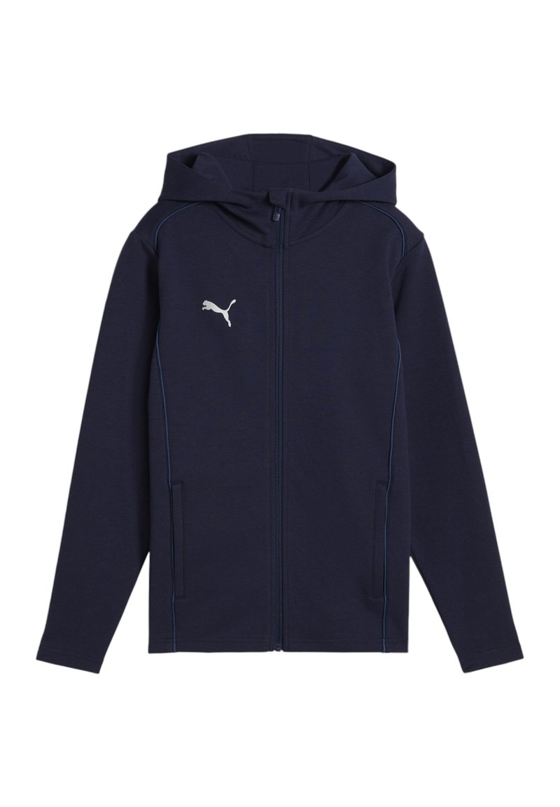 Marineblauer Zip-Hoodie mit Kapuze, ausgestattet mit einem weißen Puma-Logo und hellblauen Akzentnähten. Hergestellt aus einem strukturierten, strapazierfähigen Stoff.