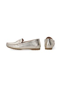 Metalické zlaté loafers zobrazené z boční a zadní strany, s vyšitým designem a gumovými podrážkami, umístěné na bílém pozadí.