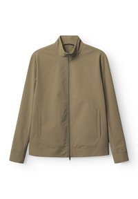 Khakijacke mit Stehkragen, Reißverschluss und zwei Seitentaschen. Glattes, leichtes Material mit minimalistischem Design.