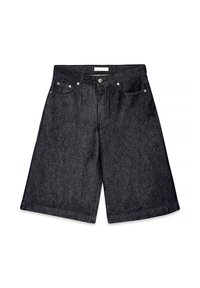 Mustad denim-lühikesed püksid, laia lõikega, nupuga ja tõmblukuga, viie taskuga ning toore servaga.