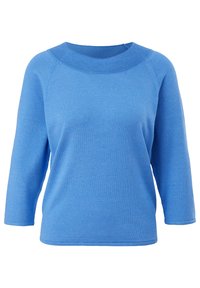 Niebieski sweter dziany z ribbowanym dekoltem, rękawami do łokci i luźnym krojem. Gładka tekstura, prosty design i jednolity kolor.