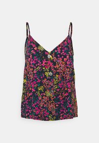 Blommig cami-top i mörkt tyg med livfulla mönster i rosa, gult och grönt, med justerbara axelband och dekorativa knapppdetaljer.