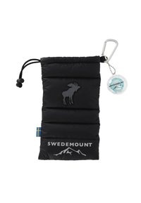 Sort puffer pouch med præget æsel-logo, sn�øret top og en karabinclip. Har et mærke med blå og gule accenter.