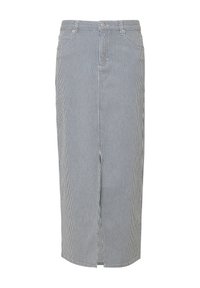 Spódnica z denimu w paski charakteryzuje się pionowymi niebieskimi i białymi paskami, długością do kolan, zapięciem na guziki z przodu oraz kieszeniami po bokach.