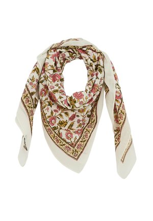 Foulard carré crème avec motifs floraux roses et verts et une bordure décorative, plié lâchement avec les extrémités pendantes.