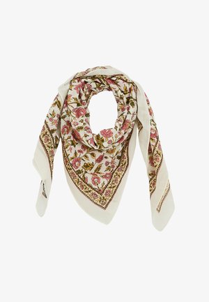 Foulard carré crème avec motifs floraux roses et verts et une bordure décorative, plié lâchement avec les extrémités pendantes.