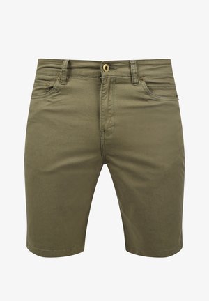 Khaki short van een katoenmix, met een vlakke voorkant, vijf zakken, sluiting met een gouden knoop en gestikte zoom.