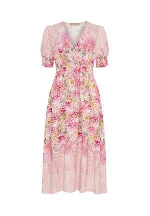 Blomster maxi kjole i blød pink stof, med V-hals, pufærmer og elastisk talje med en afslappet pasform, pyntet med farverige blomstermønstre.