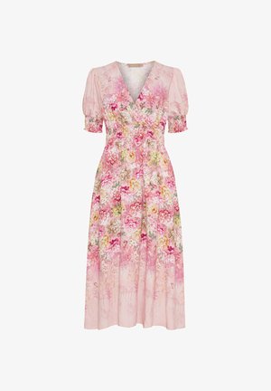 Blomster maxi kjole i blød pink stof, med V-hals, pufærmer og elastisk talje med en afslappet pasform, pyntet med farverige blomstermønstre.