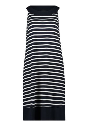 Robe sans manches en ligne A avec des rayures horizontales noires et blanches, col noir et ourlet uni noir.