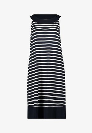 Ujjatlan, A-vonalú ruha fekete-fehér vízszintes csíkokkal, fekete gallérral és egyszínű fekete szegéllyel.