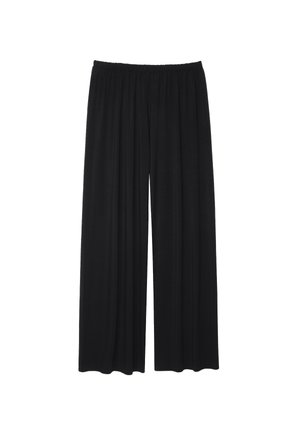 Czarne szerokie spodnie wykonane z miękkiego materiału, z elastycznym pasem i zwiewnym krojem z delikatnymi fałdami.
