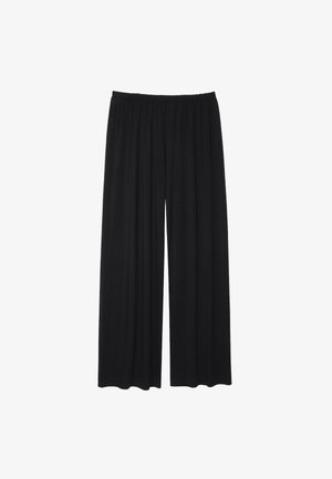 Czarne szerokie spodnie wykonane z miękkiego materiału, z elastycznym pasem i zwiewnym krojem z delikatnymi fałdami.